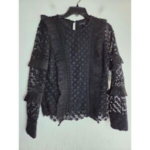 Aqua Bloomingdales Black Semi Sheer Floral Lace Ruffles Square Neck Blouse Small